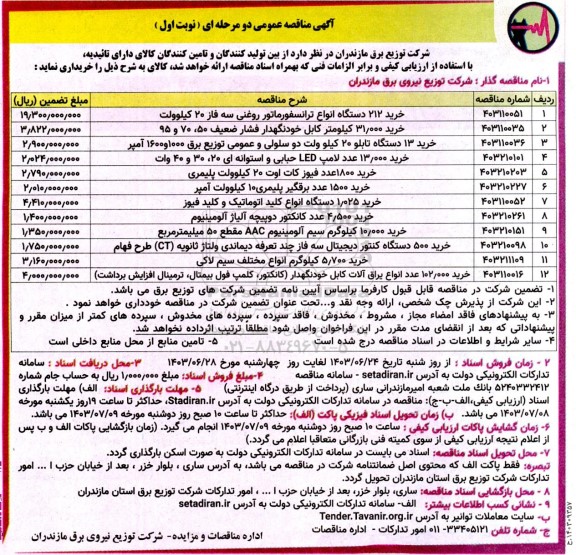 مناقصه خرید 212 دستگاه انواع ترانسفورماتور روغنی سه فاز 20 کیلوولت....