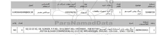 استعلام رینگ روغن کمپرسور ارزنر