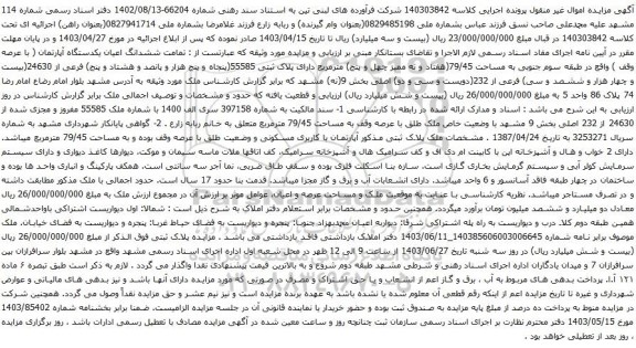 مزایده ششدانگ اعیان یکدستگاه آپارتمان ( با عرصه وقف ) واقع در طبقه سوم جنوبی به مساحت 79/45