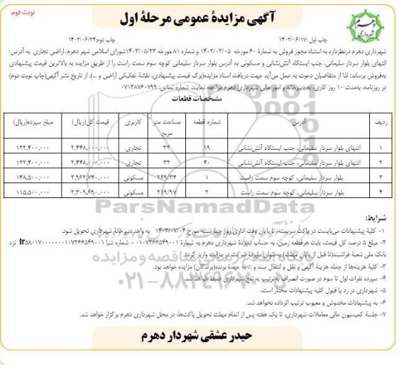 مزایده فروش اراضی تجاری و مسکونی  نوبت دوم 