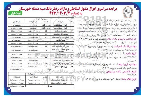 مزایده سراسری اموال منقول اسقاطی و مازاد بر نیاز