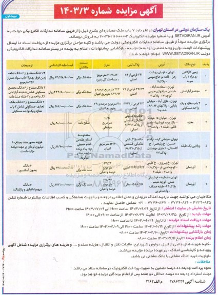  مزایده فروش 7 باب ملک به پلاک ثبتی 291 فرعی از 104 اصلی و 29679فرعی از 74 اصلی