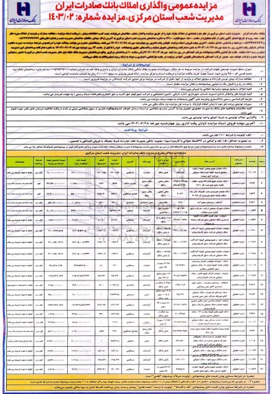 مزایده واگذاری 21 ملک با کاربری مسکونی، تجاری/بانک، دامداری، صنعتی، مزروعی، تجاری/مسکونی