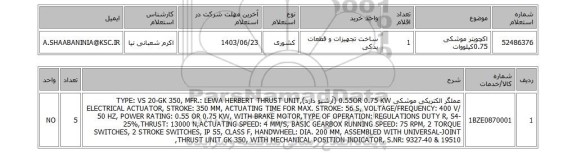 استعلام اکچویتر موشکی 0.75کیلووات