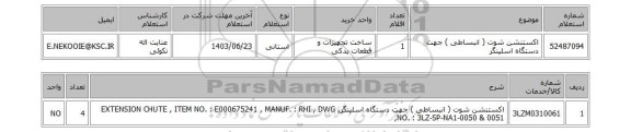 استعلام اکستنشن شوت ( انبساطی ) جهت دستگاه اسلینگر