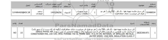 استعلام فن سیار مکنده تهویه هوا ، تک فاز ، 750 وات ( هر دو طرف فن میبایست دارای حفاظ فلزی