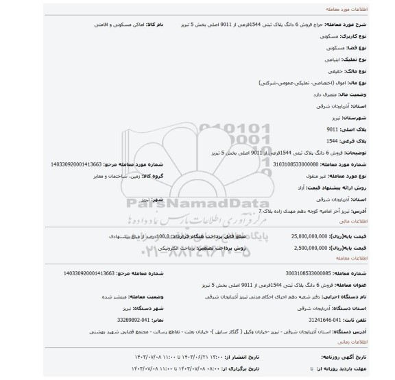 مزایده، فروش 6 دانگ پلاک ثبتی 1544فرعی از 9011 اصلی بخش 5 تبریز