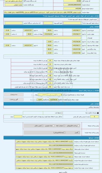 مزایده ، تعداد2015قلم مشتمل بر183490قطعه شامل قطعات یدکی خودروهای سبک وسنگین-مصالح ساختمانی-فلزات و سخت افزارساختمانی و غیره