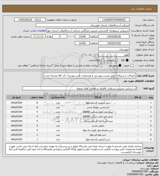 استعلام اتصالات و شیرالات طبق لیست پیوستی و مشخصات فنی پیوست –کد کالا مشابه است