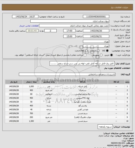 استعلام کابل برق-کابل شبکه-  کابل تلفن- لوله پی وس سی-چراغ سقفی ........