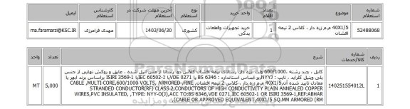 استعلام 40X1/5 م.م زره دار ، کلاس 2 نیمه افشان