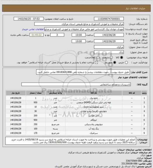 استعلام طبق جدول پیوست .جهت دطلاعات بیشتر با شماره تلفن 09183631896 تماس حاصل کنید.