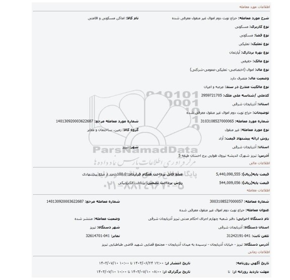 مزایده، حراج نوبت دوم اموال غیر منقول معرفی شده