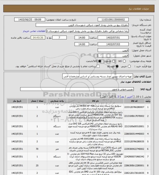 استعلام تهیه و اجرای دوربین مدار بسته روستایی بر اساس مشخصات فنی