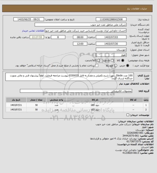 استعلام 100 عدد Diode، جهت شرح تکمیلی و مقدار به فایل 0330035 پیوست مراجعه فرمایید.
لطفاً پیشنهاد فنی و مالی بصورت جداگانه ارسال گردد.