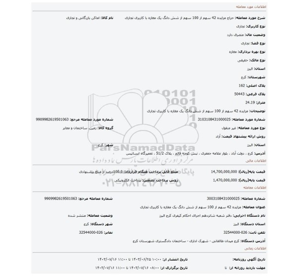 مزایده، مزایده 42 سهم از 100 سهم از شش دانگ یک مغازه با کاربری تجاری