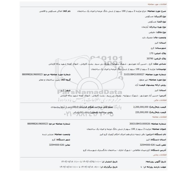 مزایده، مزایده 2 سهم از 100 سهم از شش دانگ عرصه و اعیان یک ساختمان