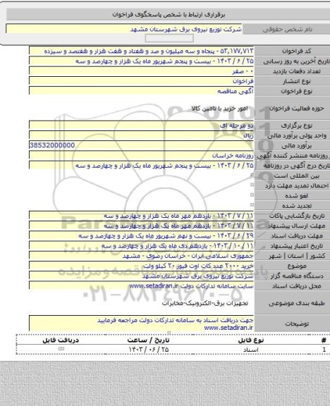 مناقصه, خرید ۲۰۰۰ عدد کات اوت فیوز ۲۰ کیلو ولت