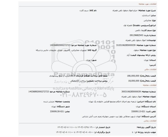 مزایده، اموال منقول تلفن همراه