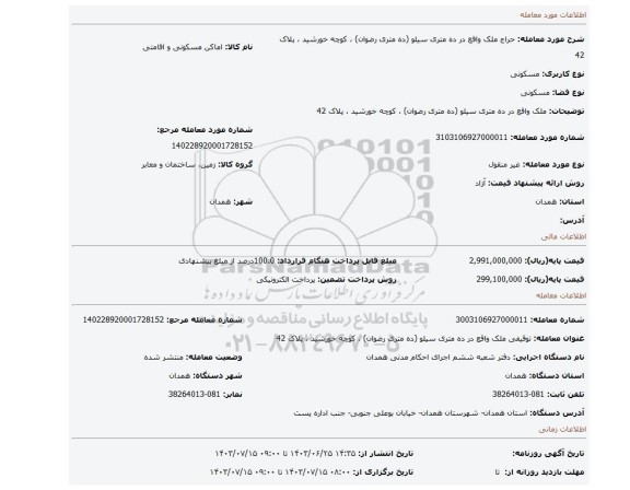 مزایده، ملک واقع در ده متری سیلو (ده متری رضوان) ، کوچه خورشید ، پلاک 42