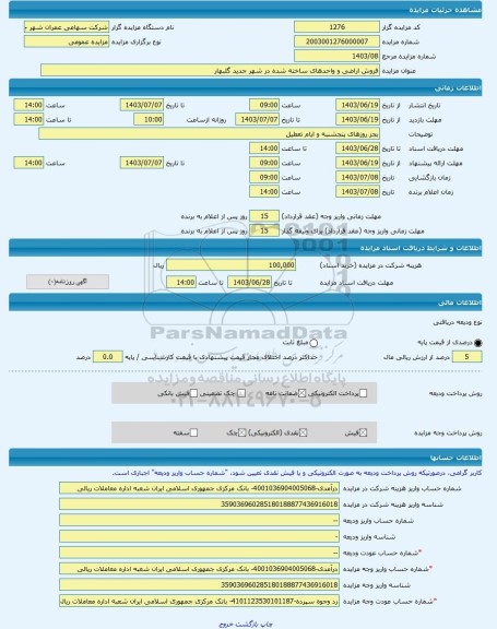 مزایده ، فروش اراضی و واحدهای ساخته شده در شهر جدید گلبهار -مزایده زمین  - استان خراسان رضوی