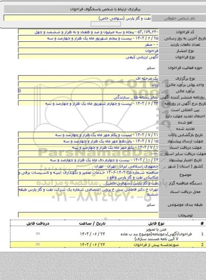 مناقصه, مناقصه شماره ۳۵-۱۴۰۳-۱۳۰۶ خدمات تعمیر و نگهداری ابنیه و تاسیسات برقی و مکانیکی نفت و گاز پارس واقع د