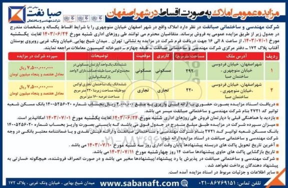 مزایده عمومی فروش املاک کاربری مسکونی، تجاری