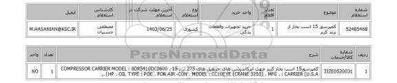 استعلام کمپرسور 15 اسب بخار از برند کریر