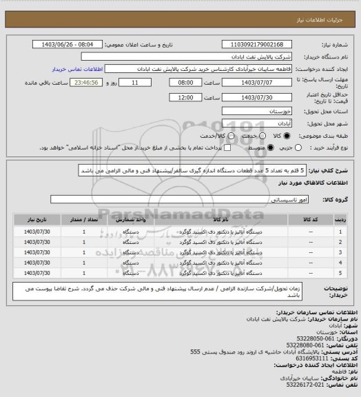 استعلام 5 قلم به تعداد 5 عدد قطعات دستگاه اندازه گیری سالفر/پیشنهاد فنی و مالی الزامی می باشد