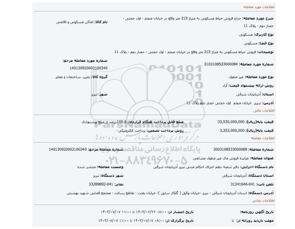 مزایده، فروش حیاط مسکونی به متراژ 215 متر واقع در خیابان منجم - اول حجتی - حصار دوم - پلاک 11