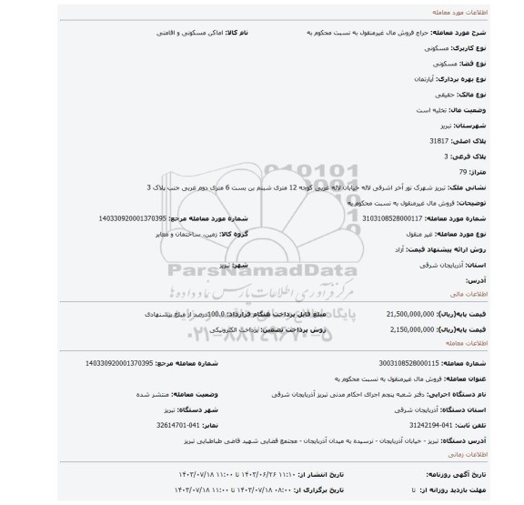 مزایده، فروش مال غیرمنقول به نسبت محکوم به