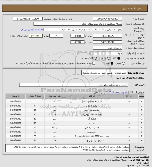 استعلام شیر مخلوط روشویی طبق درخواست پیوست