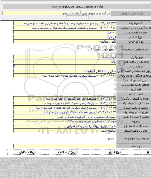 مناقصه, خرید کابل خودنگهدار فشار ضعیف ۷۰*۳