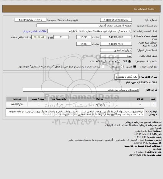 استعلام پکیج گازی و متعلقات