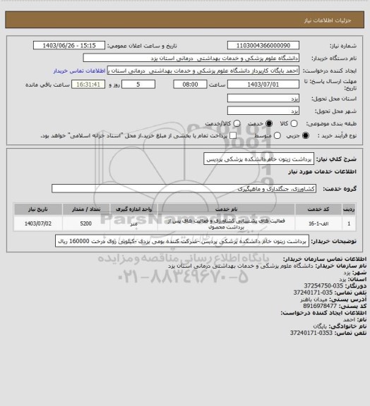 استعلام برداشت زیتون خام دانشکده پزشکی پردیس