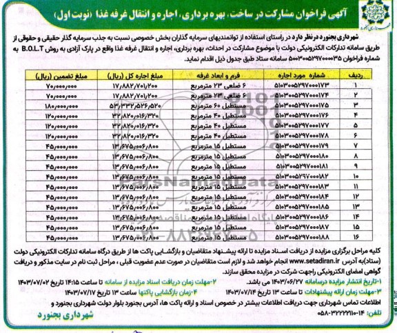 فراخوان مناقصه و مزایده  مشارکت در ساخت، بهره برداری، اجاره و انتقال غرفه غذا 