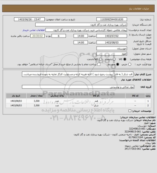 استعلام  قند شکر ( به فایل پیوست رجوع شود ) کلیه هزینه کرایه و مسئولیت کارگر تخلیه به عهده فروشنده میباشد.