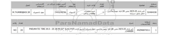 استعلام تایر بادی 25-29/5 نخی 28 لایه جهت ماشین حمل پاتیل سرباره