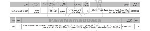 استعلام شارژردوبل ( شامل دو ست باطری شارژر )125ولت DC جریان 220آمپر بک افزار