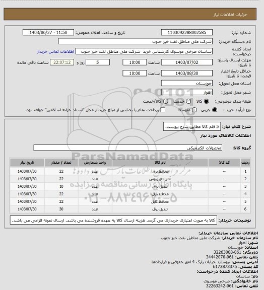 استعلام 5 قلم کالا مطابق شرح پیوست.