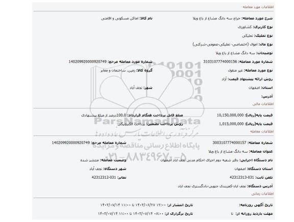 مزایده، سه دانگ مشاع از باغ ویلا