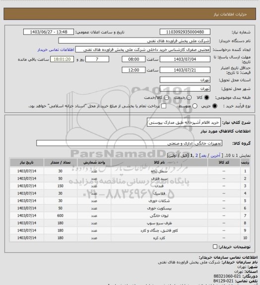 استعلام خرید اقلام آشپزخانه طبق مدارک پیوستی