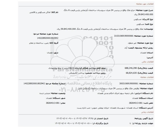 مزایده، ملک واقع در پردیس 24 متری سروستان ساختمان آپارتمانی پارس.قیمت 6 دانگ 59.843.400.000 ریال