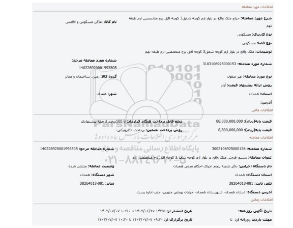 مزایده، ملک واقع در بلوار ارم کوچه شفق3 کوچه افق برج متخصصین ارم  طبقه نهم