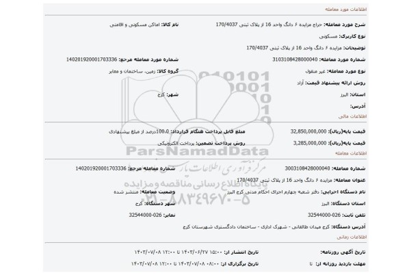 مزایده، مزایده ۶ دانگ واحد 16 از پلاک ثبتی 170/4037