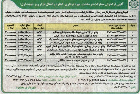 فراخوان مناقصه و مزایده مشارکت در ساخت، بهره برداری، اجاره و انتقال بازار روز