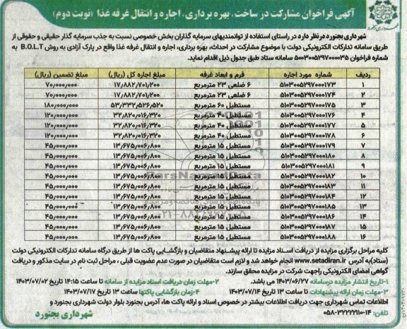 فراخوان مزایده و مناقصه  مشارکت در ساخت، بهره برداری، اجاره و انتقال غرفه غذا - نوبت دوم