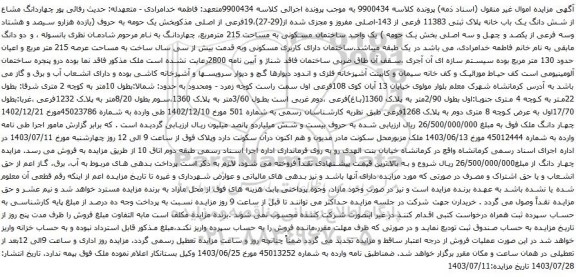 آگهی مزایده چهاردانگ مشاع از شش دانگ یک باب خانه پلاک ثبتی 11383 فرعی از 143-اصلی مفروز و مجزی شده