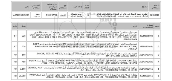 استعلام قطعات جهت کولینگ تاور های آب کثیف واحد های  زمزم شامل (پکینگ لانه زنبوری, ساپورت الیمناتور ، کمربند لاستیکی و ...)