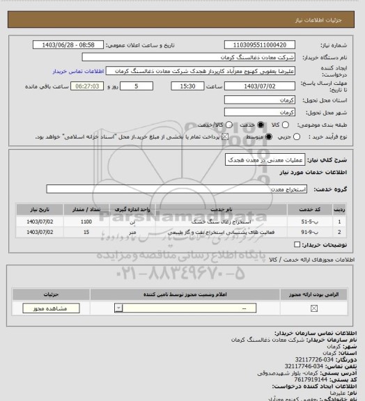 استعلام عملیات معدنی در معدن هجدک